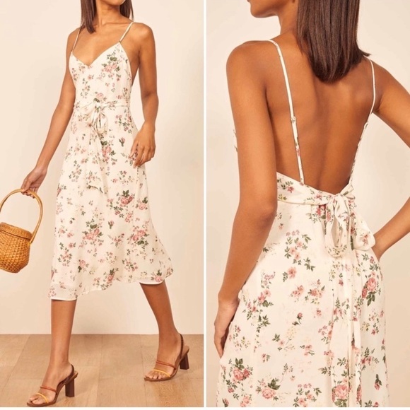 Reformation Dresses & Skirts - Reformation Dietrich Midi Slip Dress with Tie Sash Floral White Pink NWT!